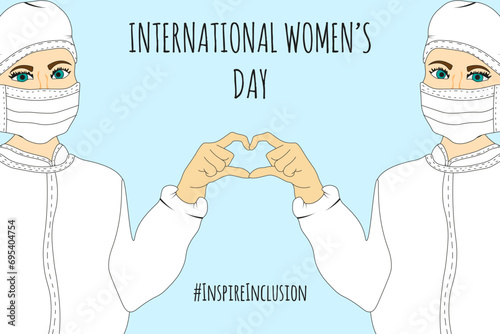 Design banner with Nurse and symbol Inspire Inclusion. Internation Women's Day poster template in trendy Groovy style. Vector illustration can used web and social media banner, card, print 