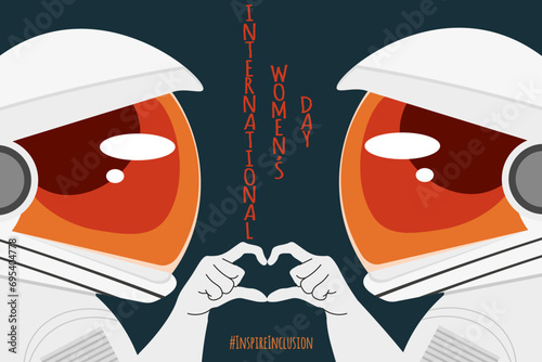 Design banner with Astronaut with symbol Inspire Inclusion. Internation Women's Day poster template in trendy Groovy style. Vector illustration can used web and social media banner, card, print 