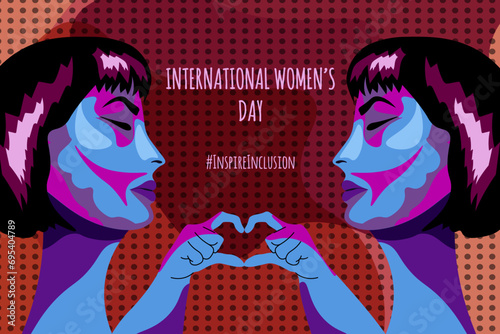 Design banner with avatar Woman portrait with symbol Inspire Inclusion. Internation Women's Day poster template in trendy Y2K style. Vector illustration can used web and social media banner, card