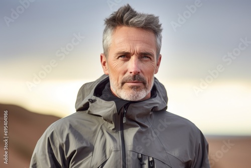Portrait of a tender man in his 50s wearing a functional windbreaker against a serene dune landscape background. AI Generation