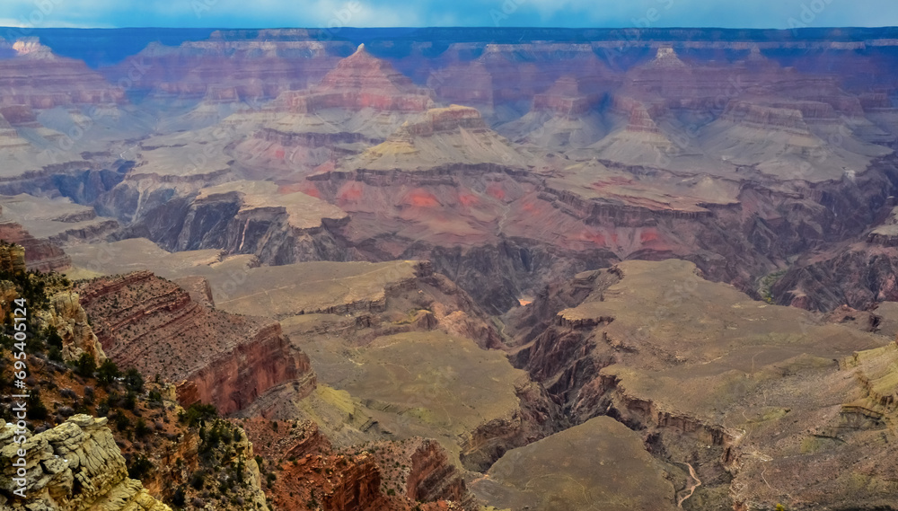 Panoramic view of the river valley and red rocks. Grand Canyon National Park with Colorado river in Arizona, USA