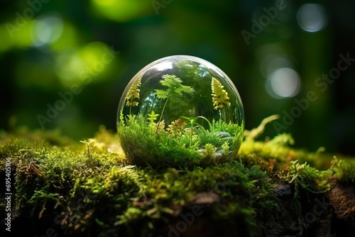 A large transparent glass ball with microflora inside lying among moss and grass. Concept - ecology, environmental protection © Hanna