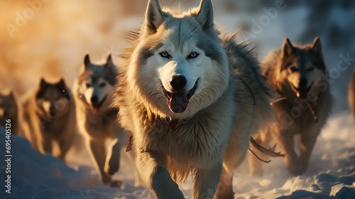  a group of wolfs running in the snow with their heads turned to look like they re running away from the camera with their mouth open wide open eyes.