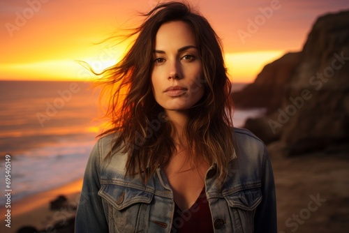 Portrait of a tender woman in her 30s wearing a rugged jean vest against a vibrant beach sunset background. AI Generation