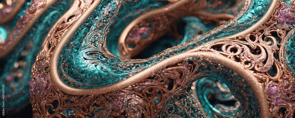 a close up of a sculpture made of copper and turquoise