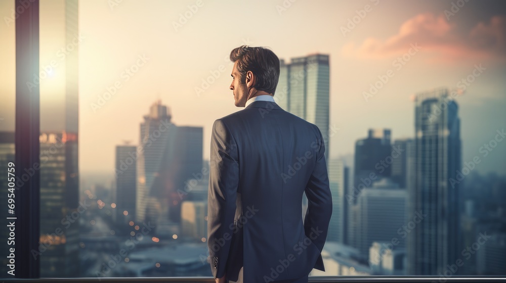 Cityscape Confidence: Businessman Embracing Modern Life by Skyscraper Cityscape Confidence: Businessman Embracing Modern Life by Skyscraper