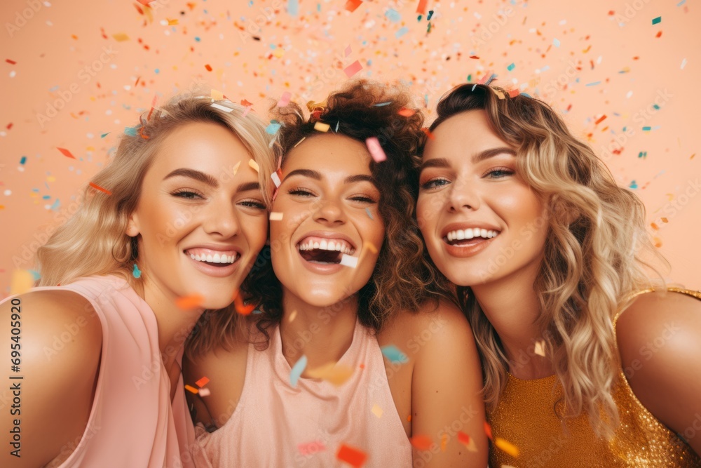 Three beautiful young women in shiny dresses, confetti from their palms isolated over peach fuzz background Three beautiful young women in shiny dresses, confetti from their palms isolated over peach fuzz background