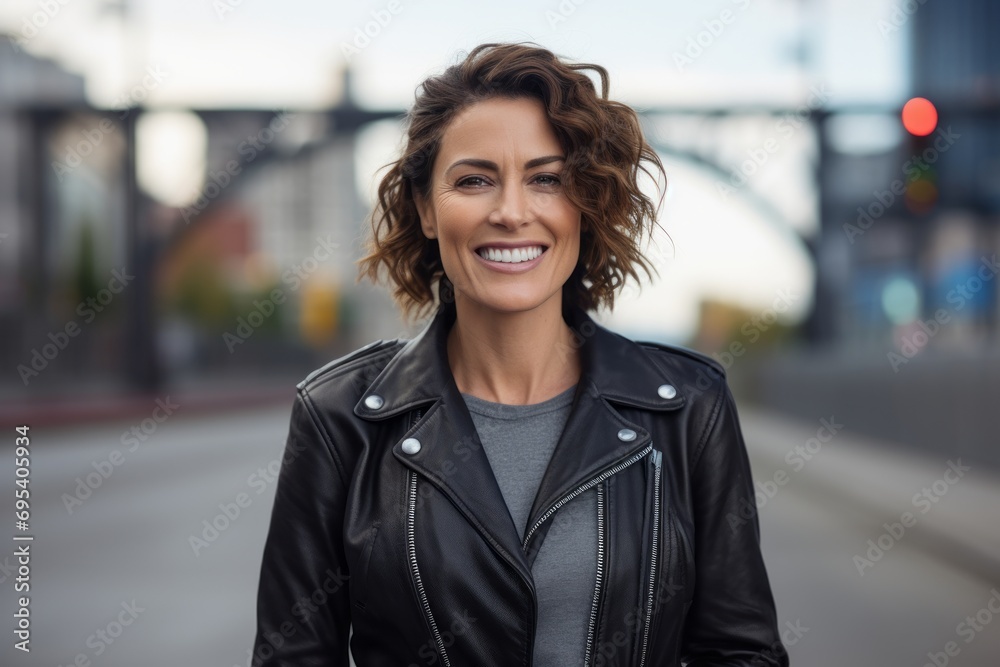 Portrait of a smiling woman in her 40s sporting a classic leather jacket against a modern cityscape background. AI Generation