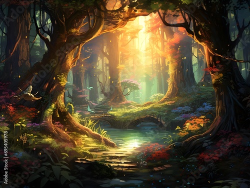 Fantasy forest with tree and lake - Illustration for children.