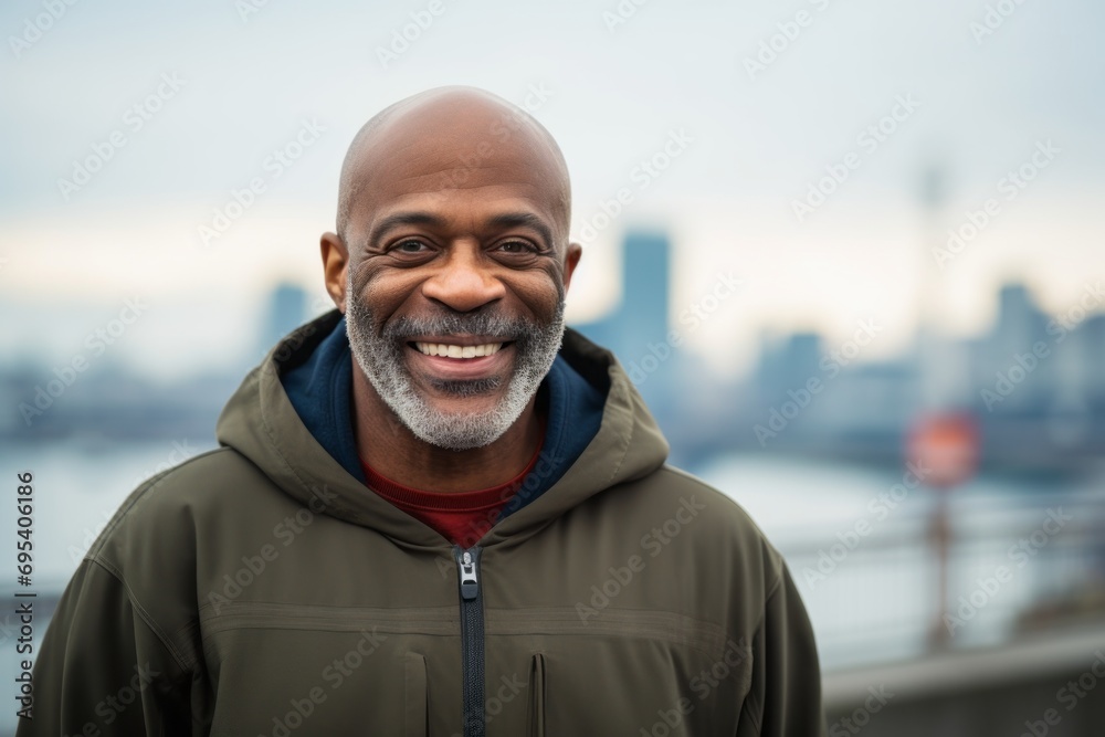 Portrait of a grinning afro-american man in his 60s wearing a thermal fleece pullover against a modern cityscape background. AI Generation Portrait of a grinning afro-american man in his 60s wearing a thermal fleece pullover against a modern cityscape background. AI Generation