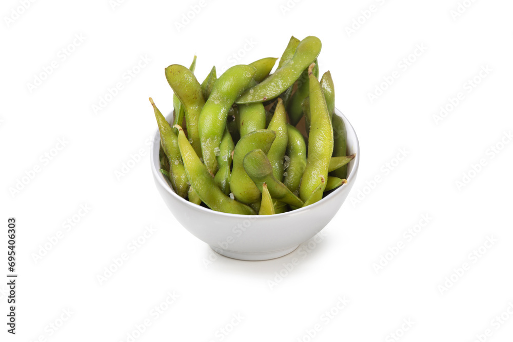 Edamame in pod with Himalayan pink salt, isolated on white background Edamame in pod with Himalayan pink salt, isolated on white background