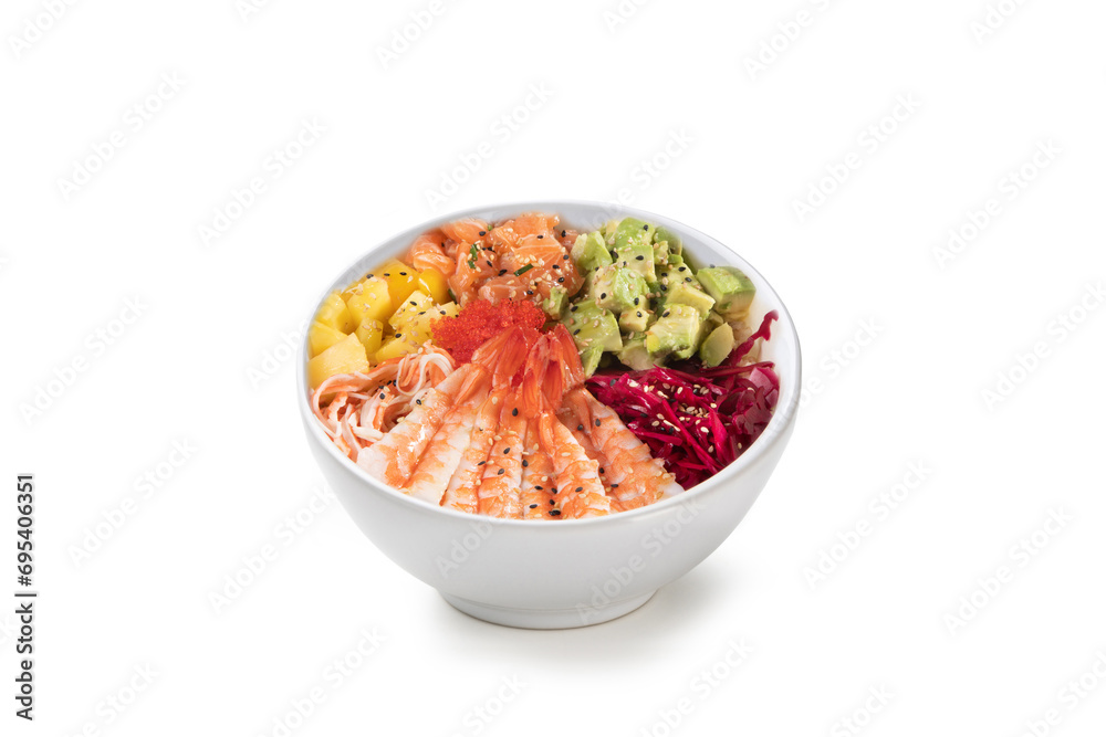 Poke bowl with shrimp, pineapple, salmon, avocado, turnip, and surimi isolated on white background Poke bowl with shrimp, pineapple, salmon, avocado, turnip, and surimi isolated on white background