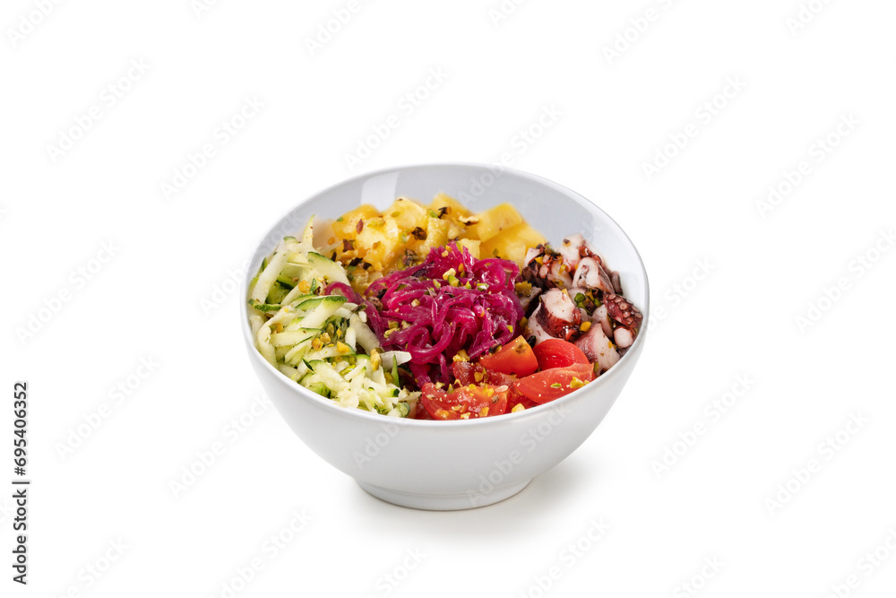 Poke bowl with octopus, cherry tomatoes, zucchini, pineapple, and onion isolated on white background