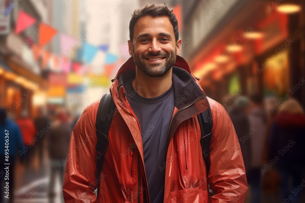 Portrait of a smiling man in his 30s dressed in a water-resistant gilet against a vibrant market street background. AI Generation Portrait of a smiling man in his 30s dressed in a water-resistant gilet against a vibrant market street background. AI Generation