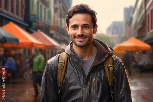 Portrait of a smiling man in his 30s dressed in a water-resistant gilet against a vibrant market street background. AI Generation