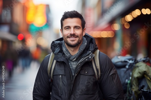 Portrait of a smiling man in his 30s dressed in a water-resistant gilet against a vibrant market street background. AI Generation © Markus Schröder