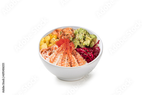 Poke bowl with shrimp, pineapple, salmon, avocado, turnip, and surimi isolated on white background