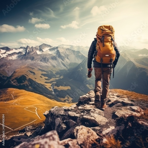tourist walks in the mountains with a large backpack