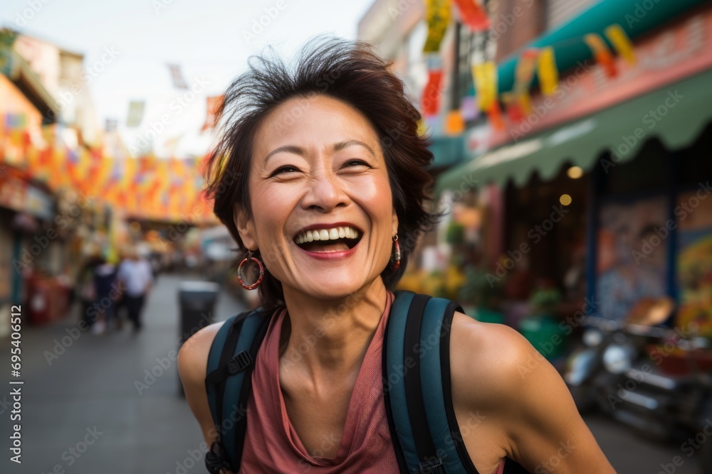 Portrait of a joyful asian woman in her 50s dressed in a breathable mesh vest against a vibrant market street background. AI Generation