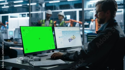 Caucasian Male Industrial Engineer Controlling Autonomous Conveyor With Robot Arms At Electric Engine Factory. Man Using Computer With Green Screen Chromakey On Display To Adjust Automated Production. photo