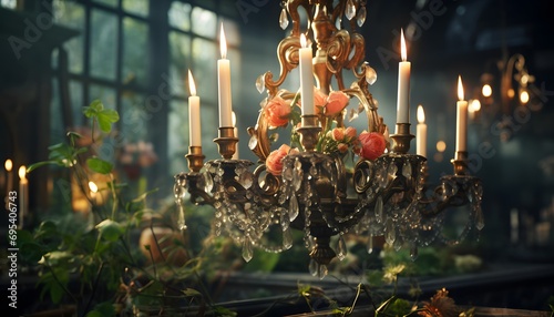 Candlestick in a dark room with burning candles and plants.