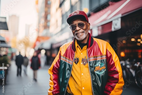 Portrait of a content afro-american elderly 100 years old man sporting a stylish varsity jacket against a vibrant market street background. AI Generation