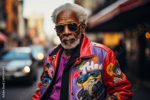 Portrait of a content afro-american elderly 100 years old man sporting a stylish varsity jacket against a vibrant market street background. AI Generation