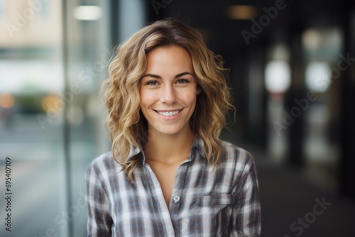 Portrait of a blissful woman in her 30s dressed in a relaxed flannel shirt against a sophisticated corporate office background. AI Generation