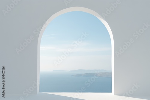  a view of a body of water through an arch in the wall of a room with a view of the ocean and a cliff in the distance is a blue sky.