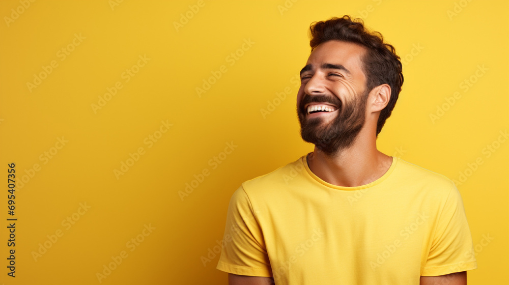 Handsome man with beard wearing casual yellow tshirt over yellow background looking away to side with smile on face, natural expression. laughing confident.