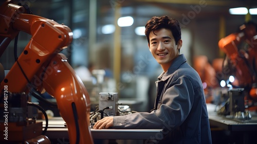 A smiling Asian man operating industrial machinery in a manufacturing setting