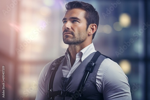 Portrait of a tender man in his 30s dressed in a breathable mesh vest against a sophisticated corporate office background. AI Generation © Markus Schröder