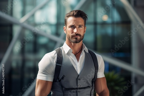 Portrait of a tender man in his 30s dressed in a breathable mesh vest against a sophisticated corporate office background. AI Generation