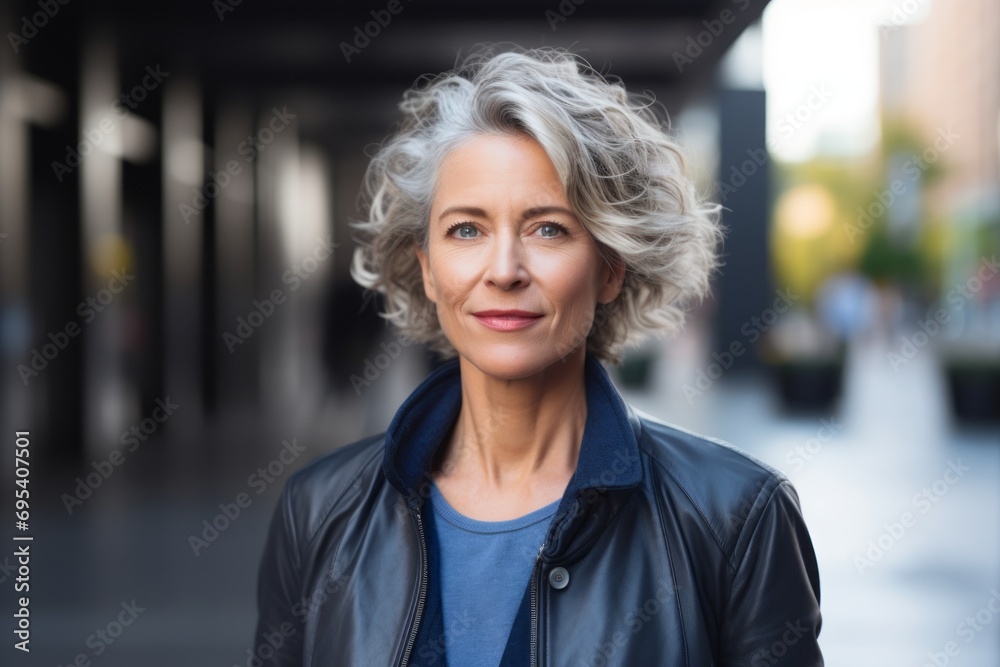 Portrait of a content woman in her 50s sporting a rugged denim jacket against a sophisticated corporate office background. AI Generation