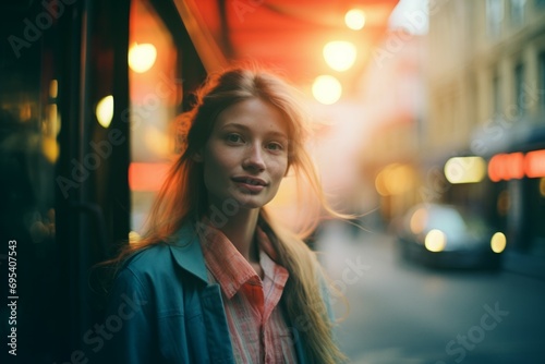 Outdoor atmospheric fashion photo of young beautiful lady 