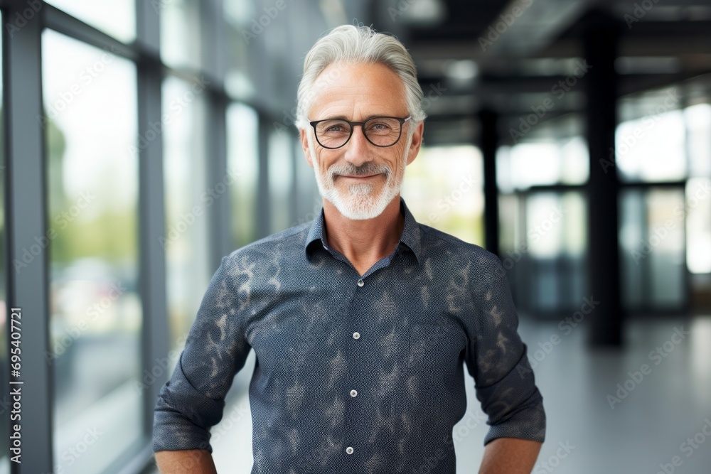 Portrait of a glad man in his 60s donning a trendy cropped top against a sophisticated corporate office background. AI Generation Portrait of a glad man in his 60s donning a trendy cropped top against a sophisticated corporate office background. AI Generation