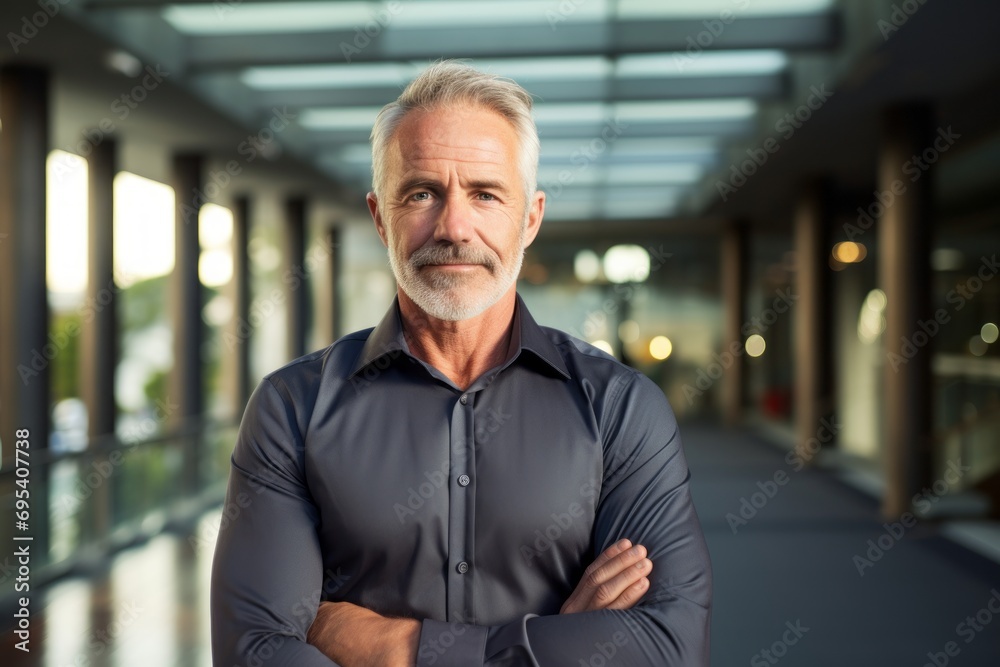 Portrait of a glad man in his 60s donning a trendy cropped top against a sophisticated corporate office background. AI Generation Portrait of a glad man in his 60s donning a trendy cropped top against a sophisticated corporate office background. AI Generation