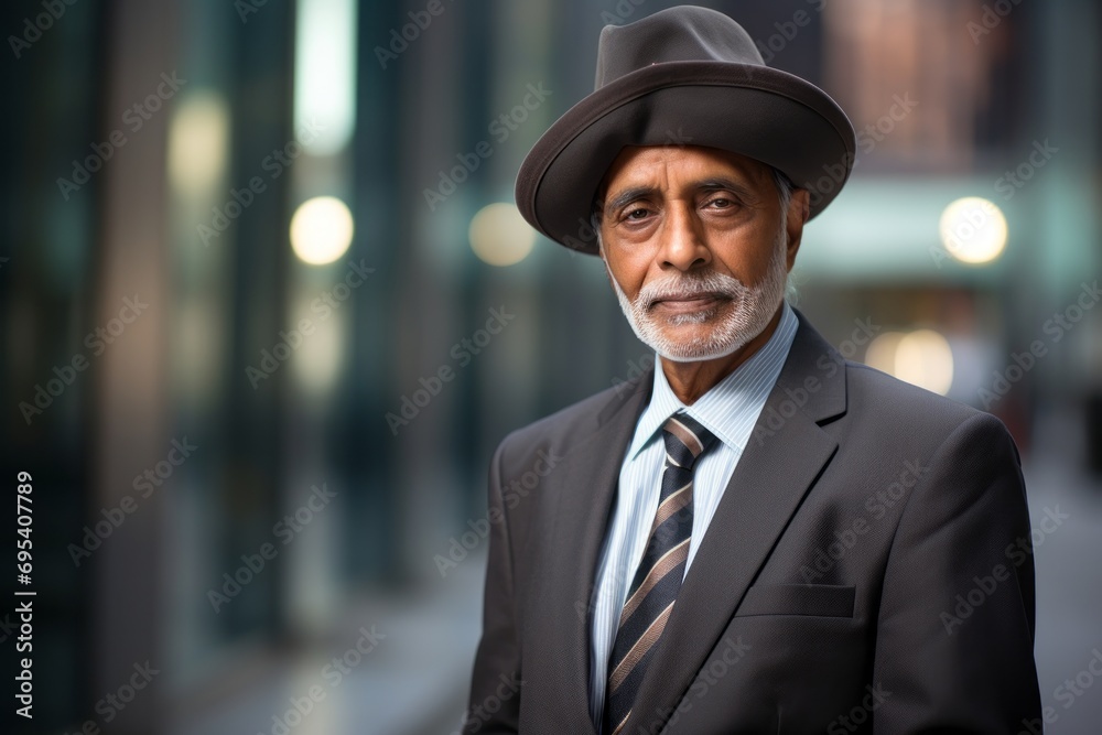Portrait of a tender indian man in his 60s donning a classic fedora against a sophisticated corporate office background. AI Generation Portrait of a tender indian man in his 60s donning a classic fedora against a sophisticated corporate office background. AI Generation