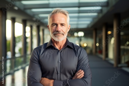 Portrait of a glad man in his 60s donning a trendy cropped top against a sophisticated corporate office background. AI Generation