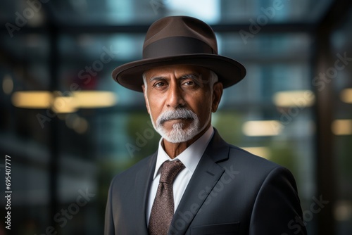 Portrait of a tender indian man in his 60s donning a classic fedora against a sophisticated corporate office background. AI Generation