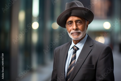 Portrait of a tender indian man in his 60s donning a classic fedora against a sophisticated corporate office background. AI Generation © Markus Schröder
