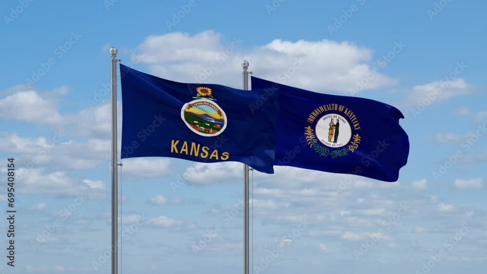 Kentucky and Kansas US state flags waving together on cloudy sky, endless seamless loop Kentucky and Kansas US state flags waving together on cloudy sky, endless seamless loop