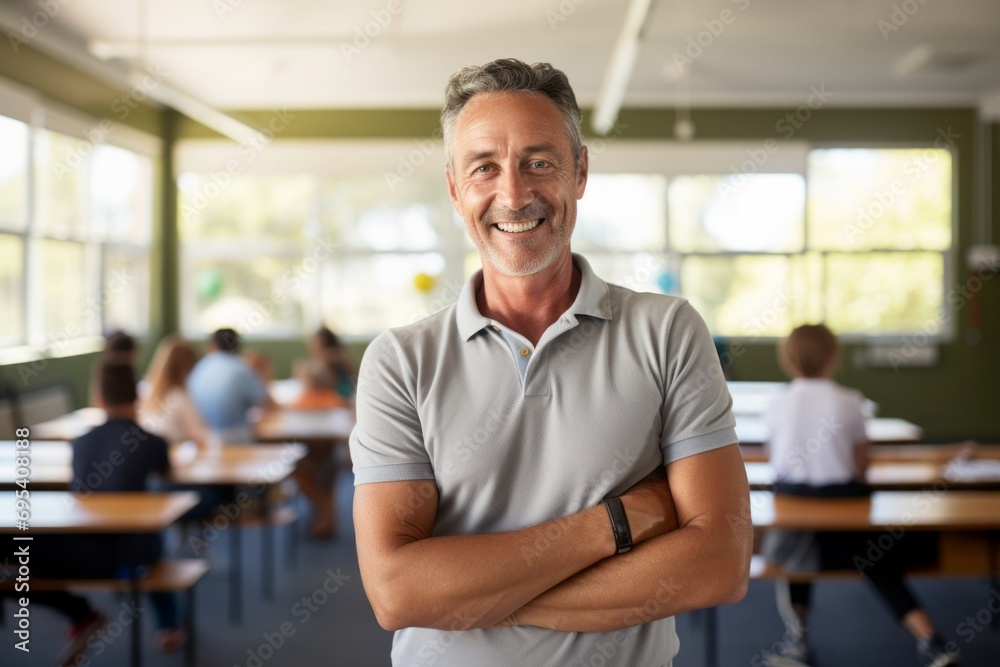 Portrait of a blissful man in his 50s wearing a breathable golf polo against a lively classroom background. AI Generation