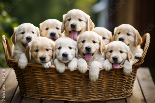 Basket with little cute white puppies sticking out their tongues