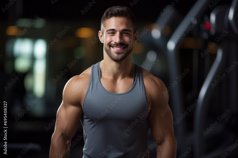 Portrait of a blissful man in his 30s dressed in a breathable mesh vest against a dynamic fitness gym background. AI Generation Portrait of a blissful man in his 30s dressed in a breathable mesh vest against a dynamic fitness gym background. AI Generation
