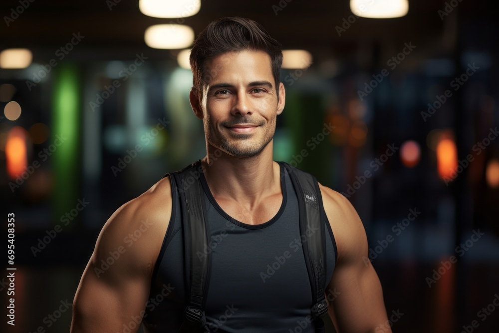 Portrait of a blissful man in his 30s dressed in a breathable mesh vest against a dynamic fitness gym background. AI Generation Portrait of a blissful man in his 30s dressed in a breathable mesh vest against a dynamic fitness gym background. AI Generation