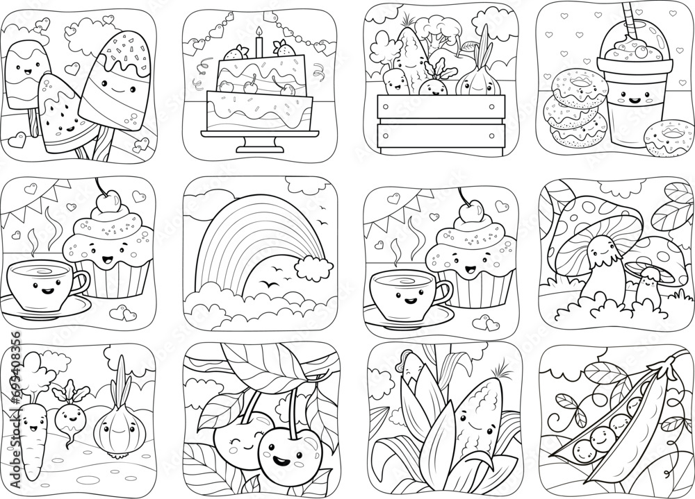 sweets for coloring book, fruits, vegetable, pancakes, Vector