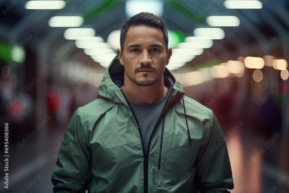 Portrait of a content man in his 30s wearing a lightweight packable anorak against a dynamic fitness gym background. AI Generation Portrait of a content man in his 30s wearing a lightweight packable anorak against a dynamic fitness gym background. AI Generation