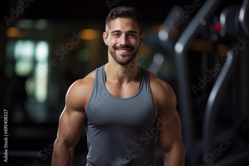 Portrait of a blissful man in his 30s dressed in a breathable mesh vest against a dynamic fitness gym background. AI Generation