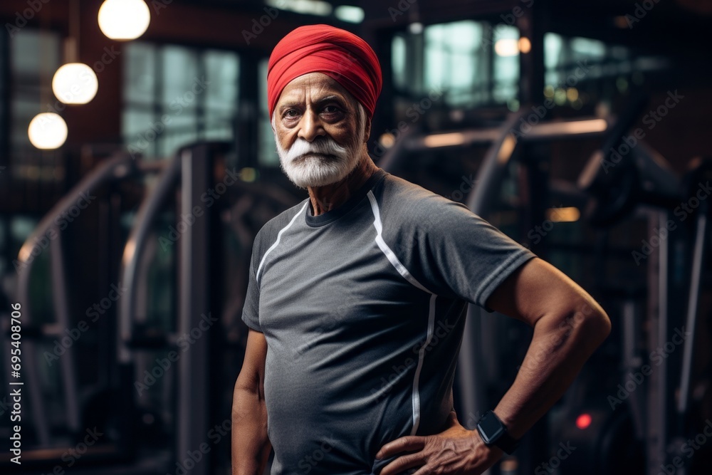 Portrait of a satisfied indian elderly 100 years old man sporting a trendy beanie against a dynamic fitness gym background. AI Generation